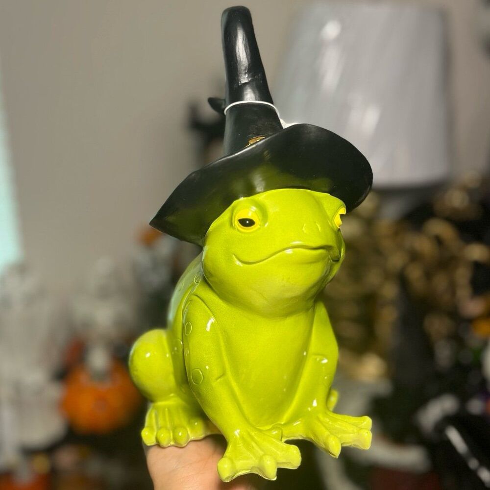 Halloween Whimsical Green Frog Long Witch Hat Figurine Decor